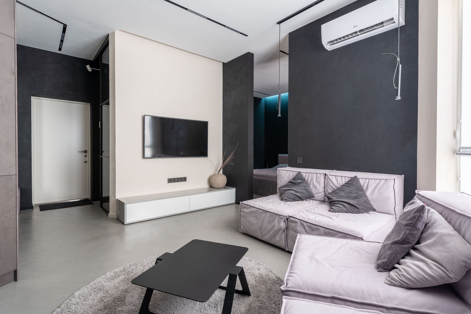Interior of contemporary spacious living room with comfortable soft couches with cushions and TV set on wall